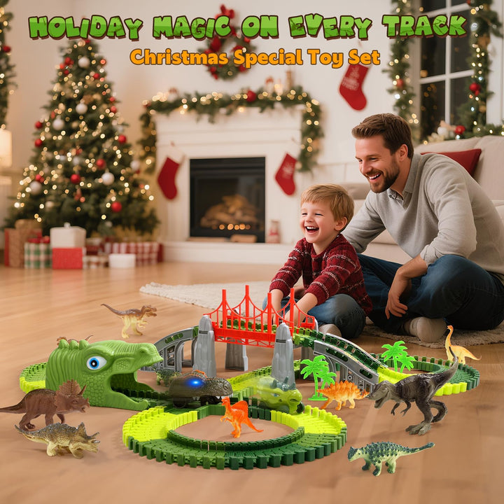 EagleStone Dinosaurier Rennbahn Set – 225 Teile Flexible Rennstrecke, 1 elektrisches Dino Auto mit L
