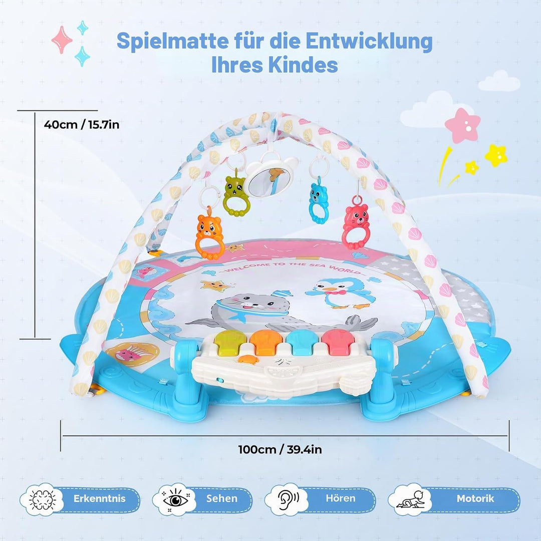 Baby-Spielmatte, Baby-Spielbogen mit Rassel, Klavier und Spiegel, Boden-Spielmatte (100 cm Durchmess