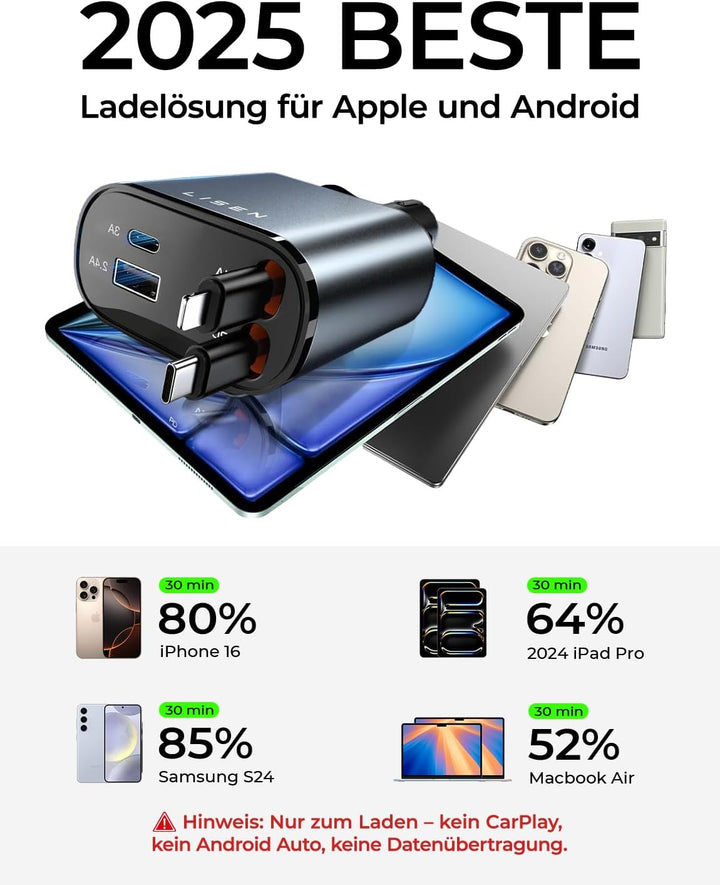 LISEN 69W Einziehbares Zigarettenanzünder USB C Schnellladegerät Ladegerät Auto Retractable ladekabe