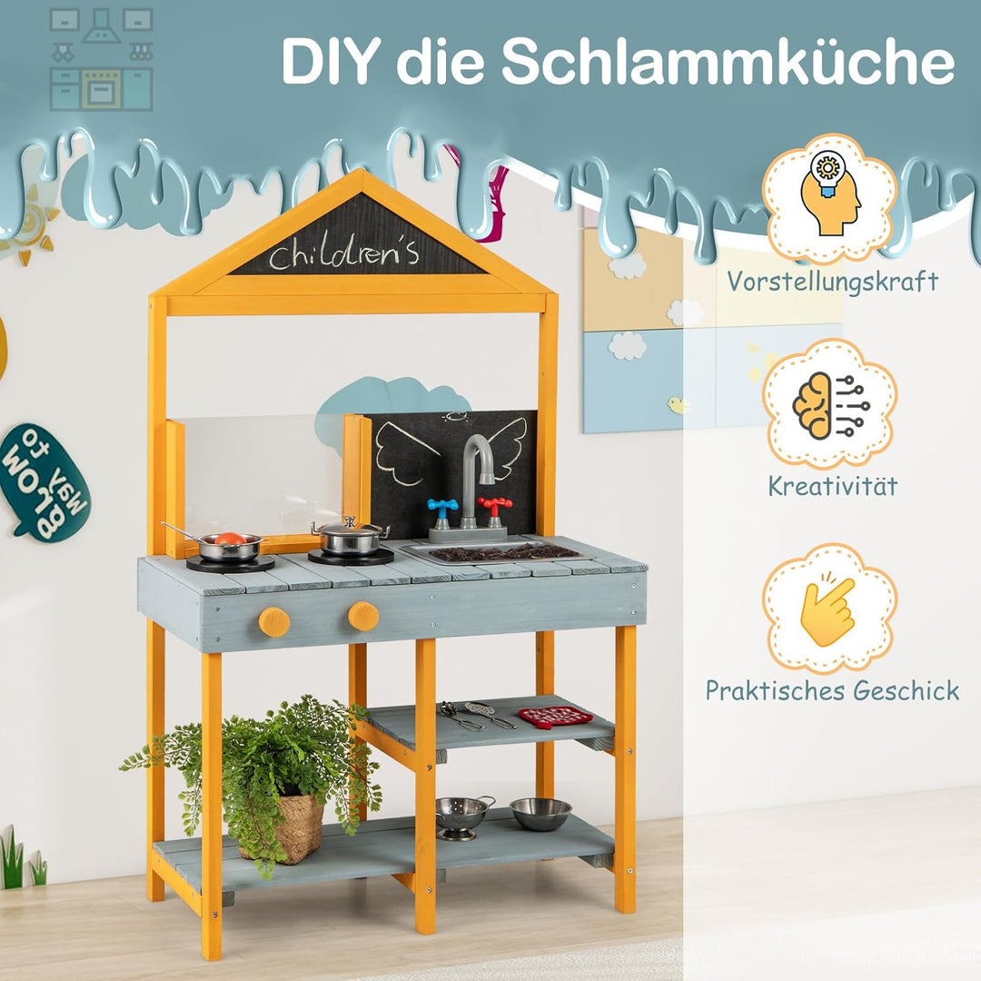 COSTWAY Matschküche Kinder Outdoor, Kinderküche Tannenholz mit Pflanzbehälter & 2 Kreidetafeln & Was
