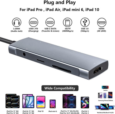 USB C HUB für iPad Pro 9-in-1 Adapter iPad Pro 12.9 11 Zoll iPad Air 5 4 mit 4K HDMI, USB-C PD Aufla
