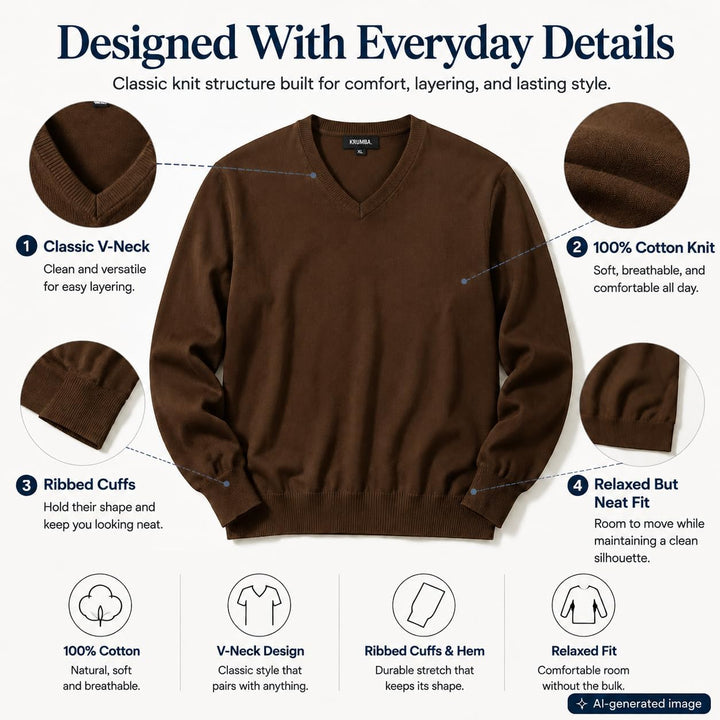Krumba Herren Baumwolle Übergross V-Ausschnitt Klassik Pullover 3XL Chocolate, 3XL Chocolate
