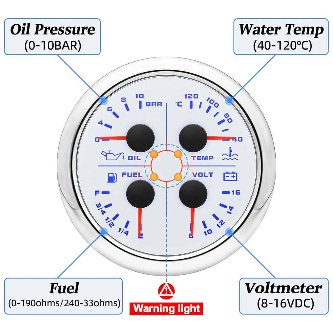 85mm 4in 1 Multifunktionales Messgerät, wasserdichter Kraftstoffstand Öldruck Wassertemperaturmesser