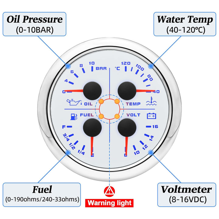 85mm 4in 1 Multifunktionales Messgerät, wasserdichter Kraftstoffstand Öldruck Wassertemperaturmesser