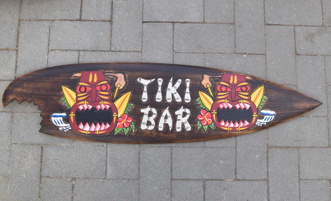 Tiki Bar Holzschild im Surfboard Look in 100cm Hawaii Style Schild zum Aufhängen