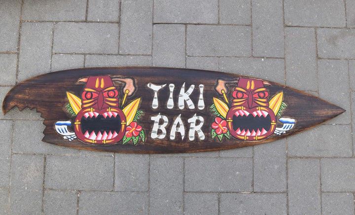 Tiki Bar Holzschild im Surfboard Look in 100cm Hawaii Style Schild zum Aufhängen