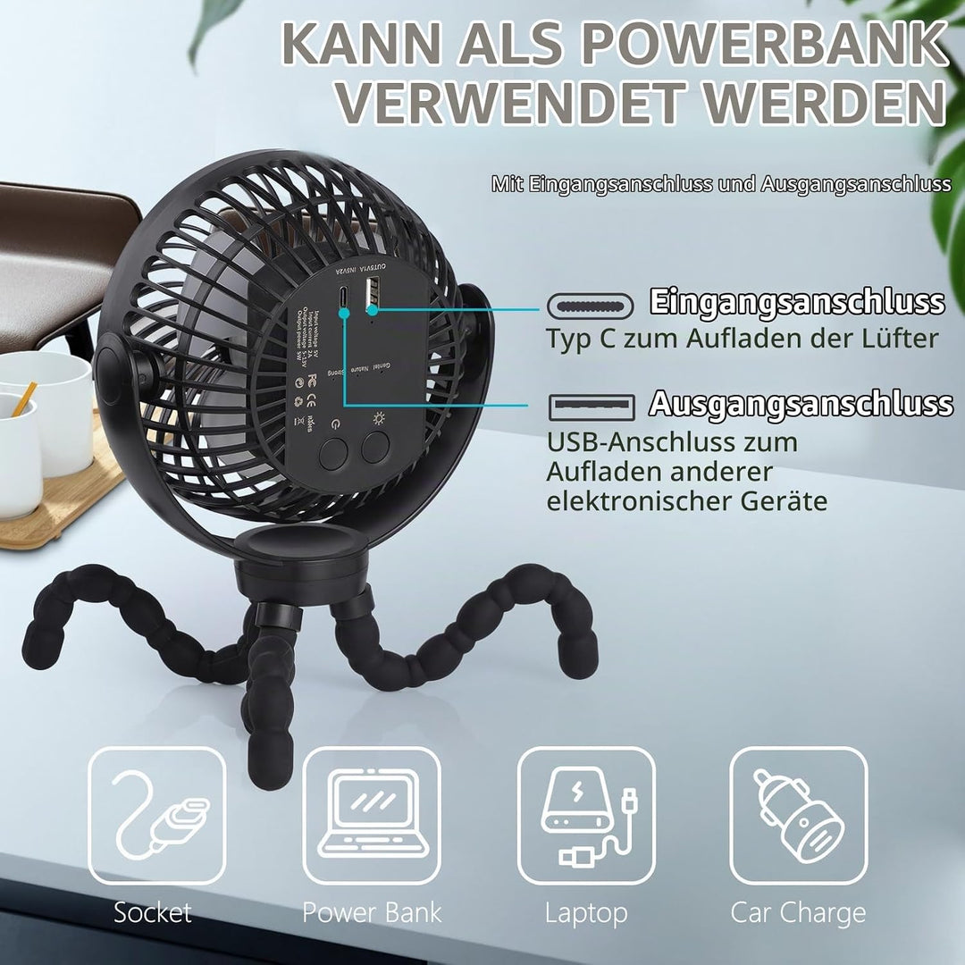 Hianjoo LED Ventilator mit 10000mAh Akku - 360° Drehbarer Kleiner Tischventilator für Camping, Zelte
