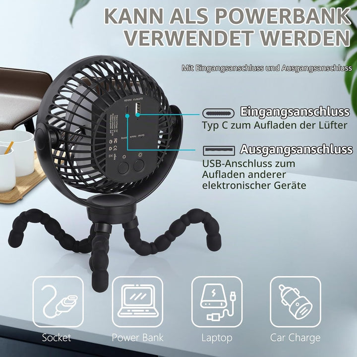 Hianjoo LED Ventilator mit 10000mAh Akku - 360° Drehbarer Kleiner Tischventilator für Camping, Zelte