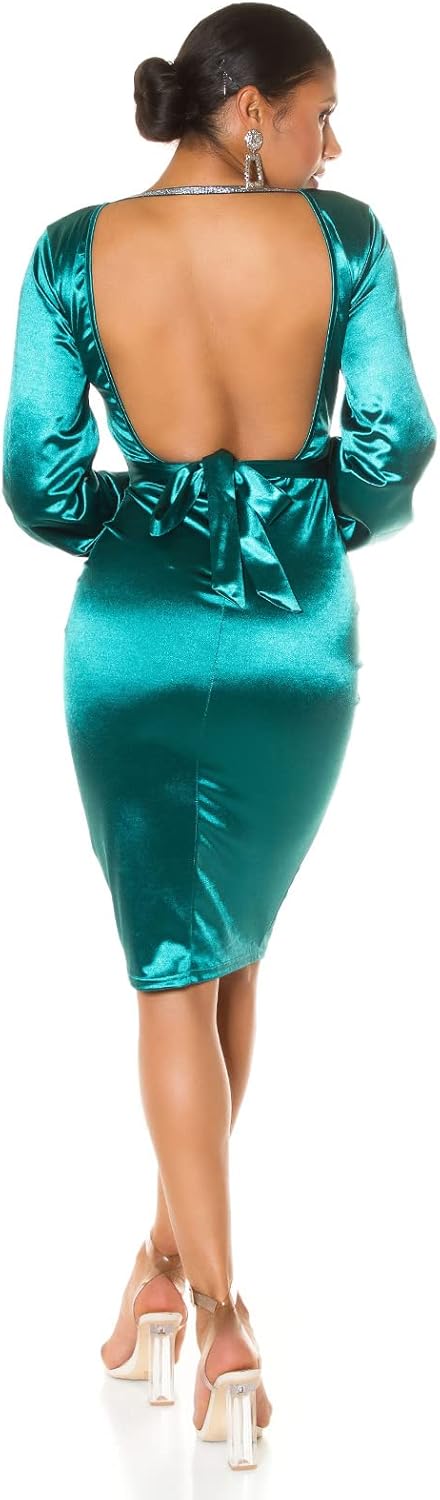 Koucla Rückenfrei Satin Look V-Neck Midi Cocktail Kleid mit Deko Schleife M Grün, M Grün
