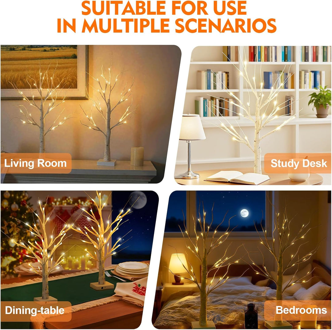2er Set Lichterbaum Birke 60cm mit 24 Warmweissen LEDs, Verstellbare Äste Christmas LED Baum Dekolic