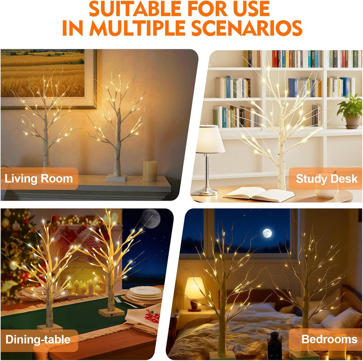 2er Set Lichterbaum Birke 60cm mit 24 Warmweissen LEDs, Verstellbare Äste Christmas LED Baum Dekolic