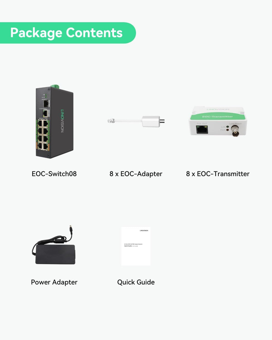 LINOVISION Industrial 8-Port EOC & POE Switch mit 8 EOC-Sendern, PoE mit grosser Reichweite über Koa