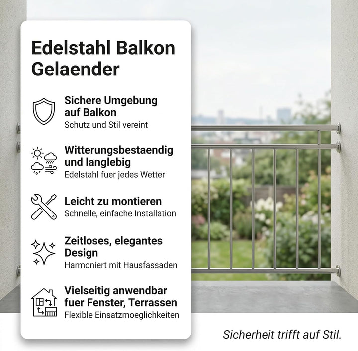Mucola Balkongeländer Edelstahl 90x184 cm Fenstergeländer 14 Füllstäbe | Brüstungsgeländer Treppenge