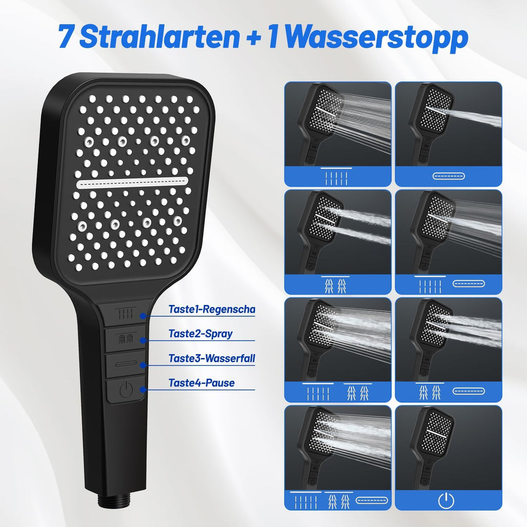 VEHHE Duschkopf, 7 Strahlarten Duschkopf Regendusche mit Stopptaste, Duschkopf Wassersparend, Einhan