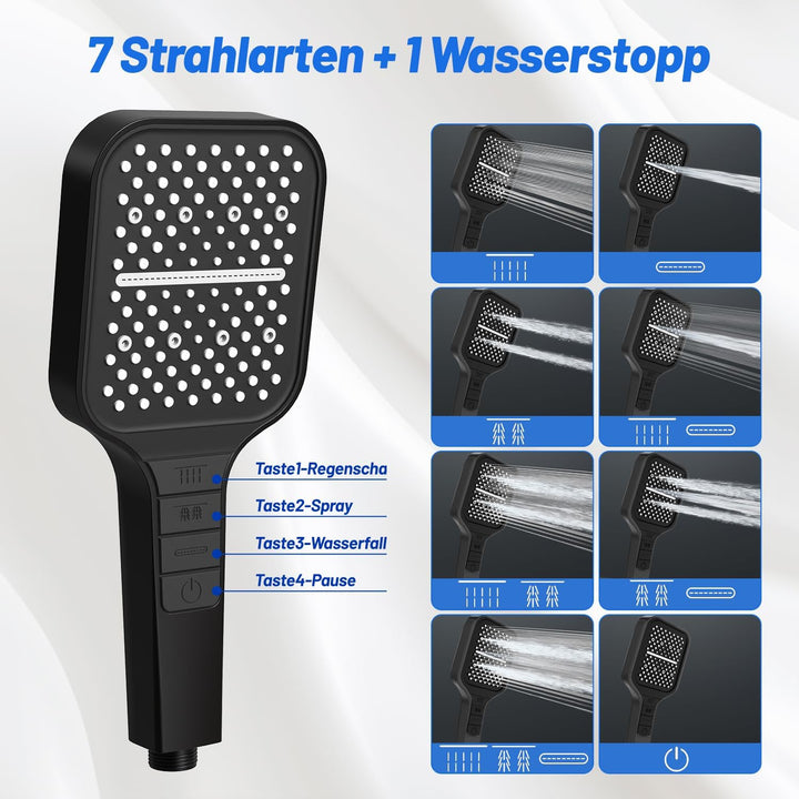 VEHHE Duschkopf, 7 Strahlarten Duschkopf Regendusche mit Stopptaste, Duschkopf Wassersparend, Einhan