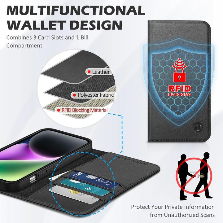 SHIELDON Hülle für iPhone 14 5G Stossfest Handyhülle [Erstklassig Echtleder] [Kartenfach] [Magnet] [