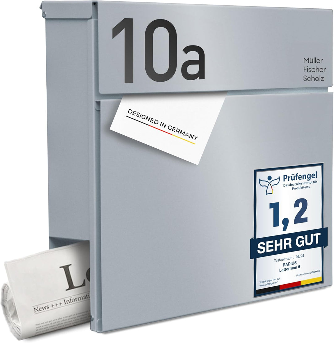 Radius® Designer Briefkasten Edelstahl - Hausnummer & Briefkasten Namensschild personalisiert mit La