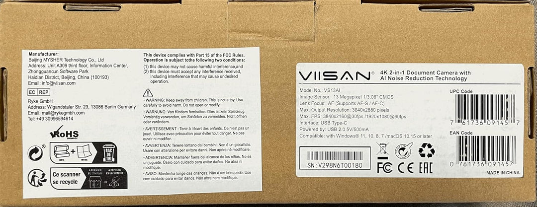 VIISAN VS13AI 4K Dokumentenkamera mit AI-Rauschunterdrückung Mikrofon–Ideal für Live-Demo in der Kla