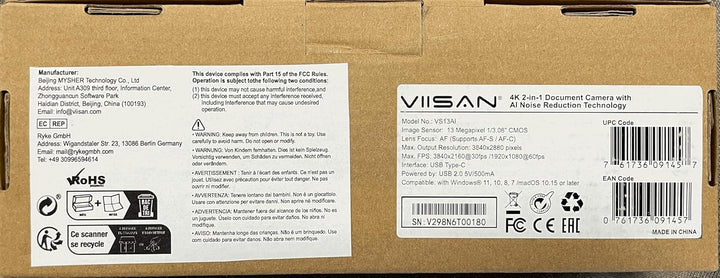 VIISAN VS13AI 4K Dokumentenkamera mit AI-Rauschunterdrückung Mikrofon–Ideal für Live-Demo in der Kla