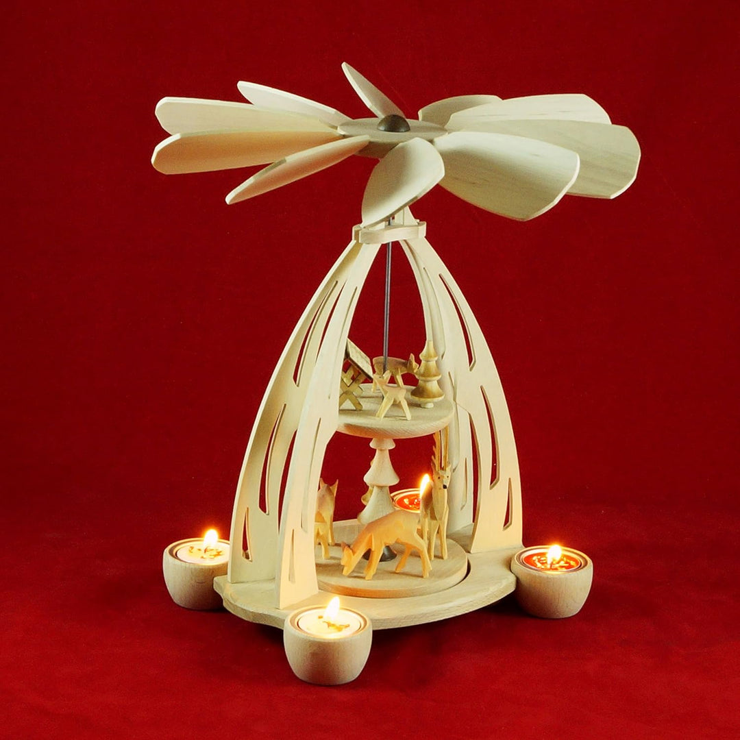 Wichtelstube-Kollektion XL Weihnachtspyramide f. Teelichter 35cm Rehe Futterkrippe Erzgebirge Buchen