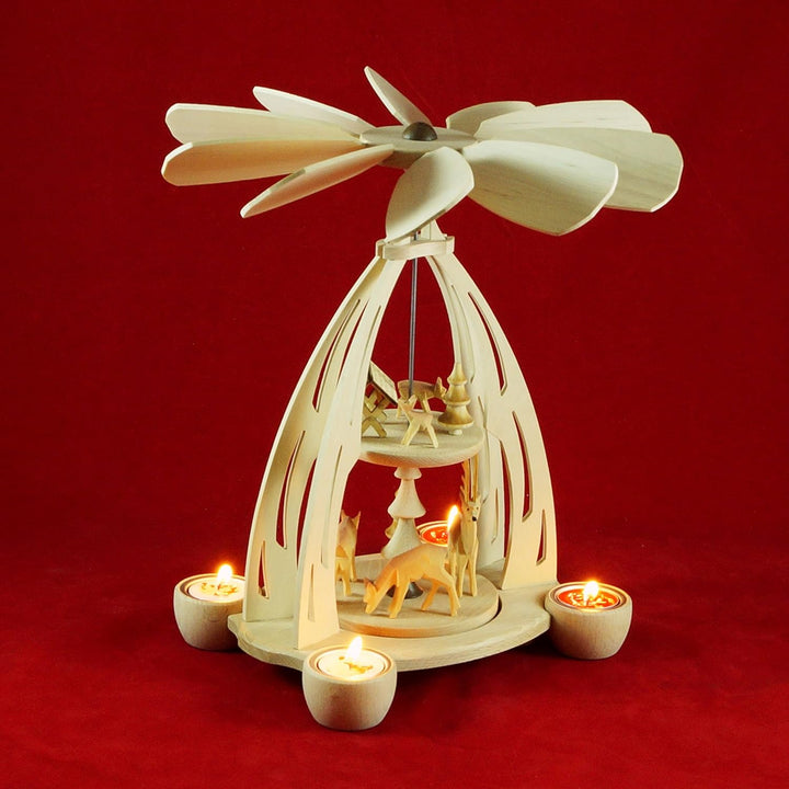 Wichtelstube-Kollektion XL Weihnachtspyramide f. Teelichter 35cm Rehe Futterkrippe Erzgebirge Buchen