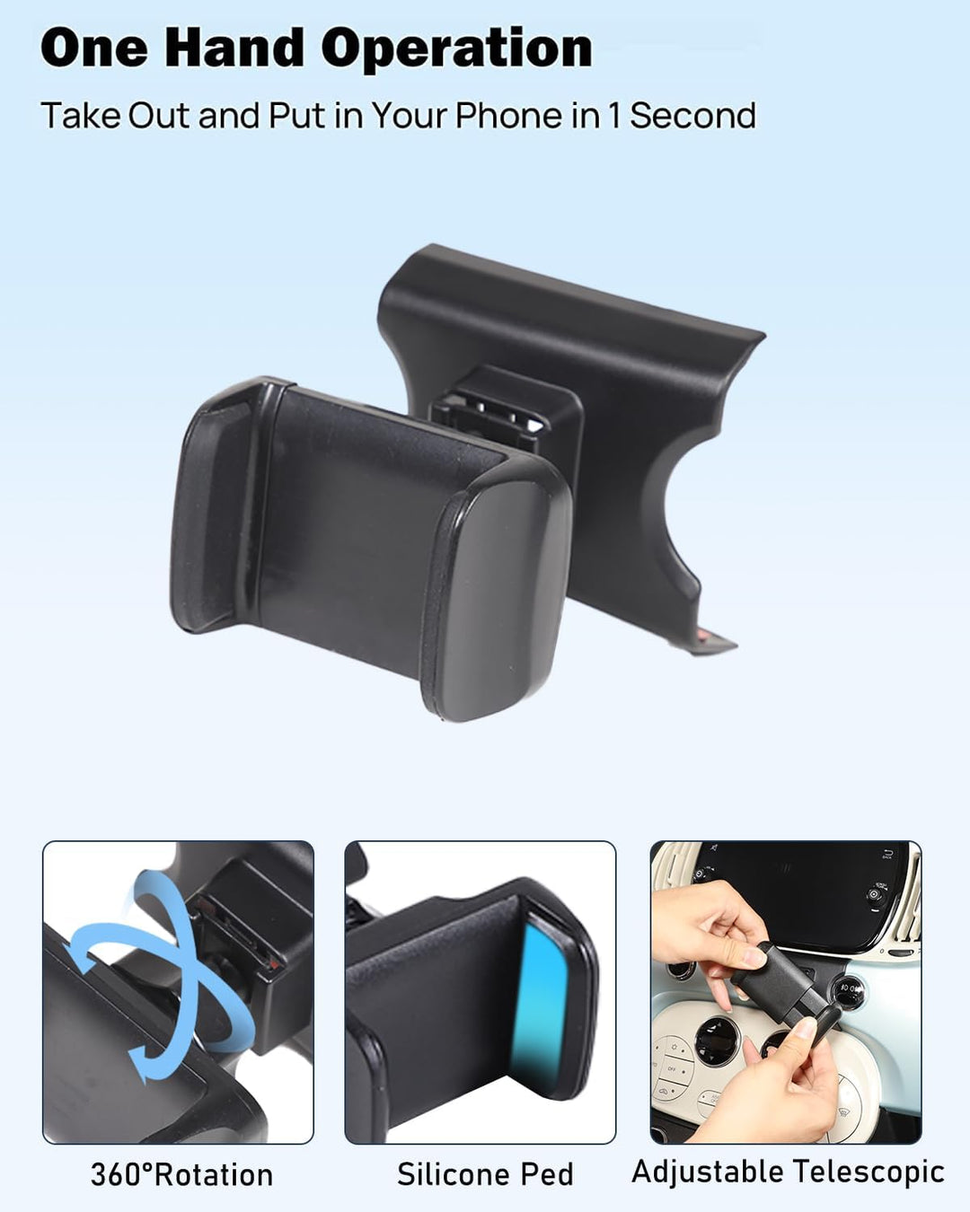 Auto Handyhalterung Kompatibel mit Fiat 500 2016-2024 Mittelkonsole Auto Handy Ständer 360° Drehung
