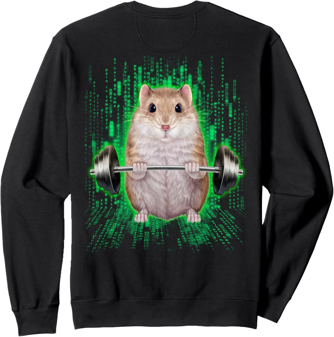 Zwerghamster, der Gewichte im Cyber-Fitnessstudio hebt Sweatshirt