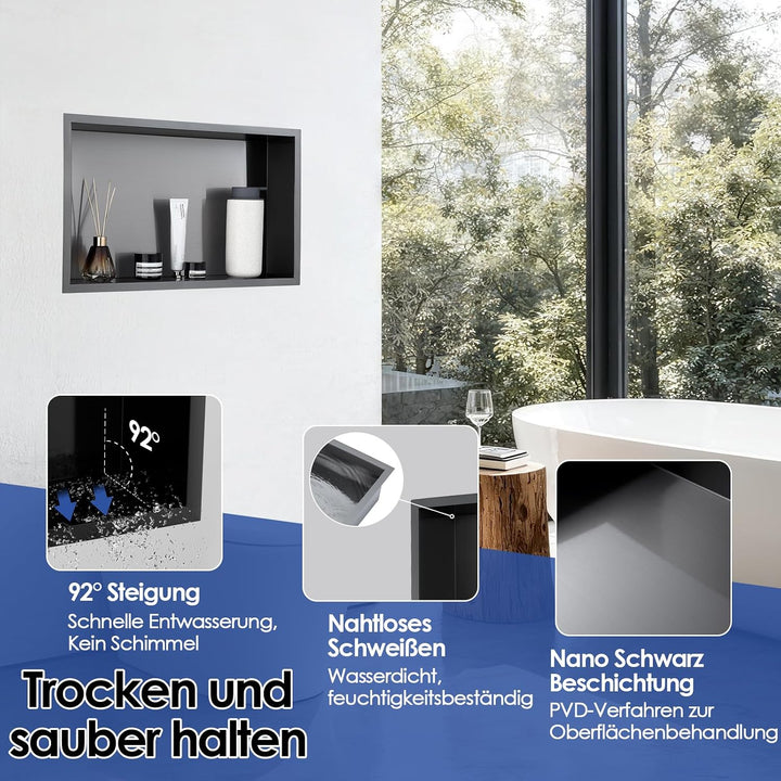 ROVOGO 50x30x10cm Nano Schwarz Wandnische Dusche Edelstahl, Eingebettete Duschnische Einzelregal Lag