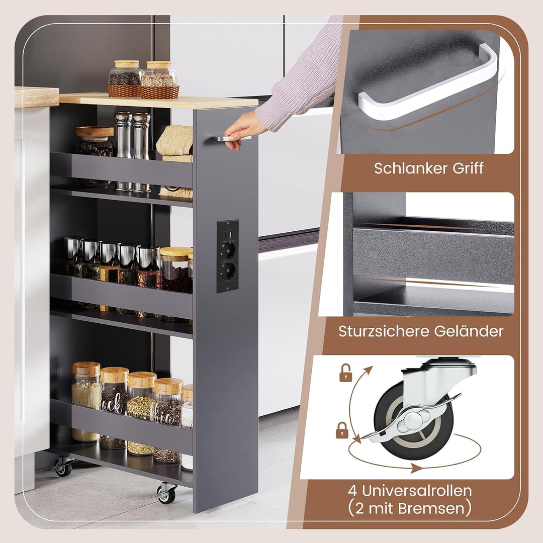 COSTWAY Nischenwagen 20cm breit, 4 Etagen Küchenwagen schmal mit Ladestation, Nischenregal auf Rolle