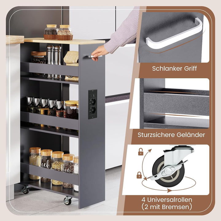 COSTWAY Nischenwagen 20cm breit, 4 Etagen Küchenwagen schmal mit Ladestation, Nischenregal auf Rolle