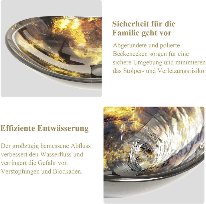 YU YUSING Waschbecken Glas Aufsatzwaschbecken Waschtisch, Oval Hand Waschschale mit Wasserhahn Set,