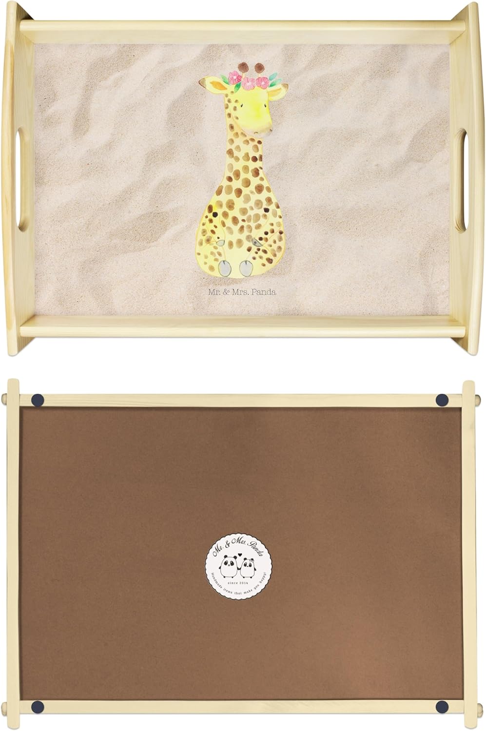 Mr. & Mrs. Panda Dekotablett Giraffe Blumenkranz - Geschenk, Afrika, Abenteurer, Holztablett, Selbst