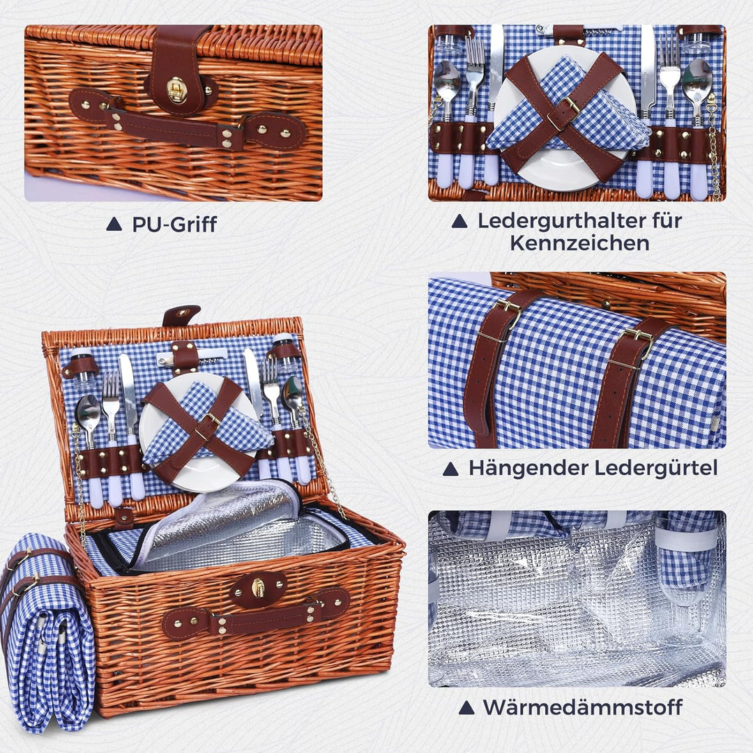 Picknickkorb Set für 4 Person mit Kühlfach und wasserdichte Picknickdecke, Abnehmbarer Riemen, Beste