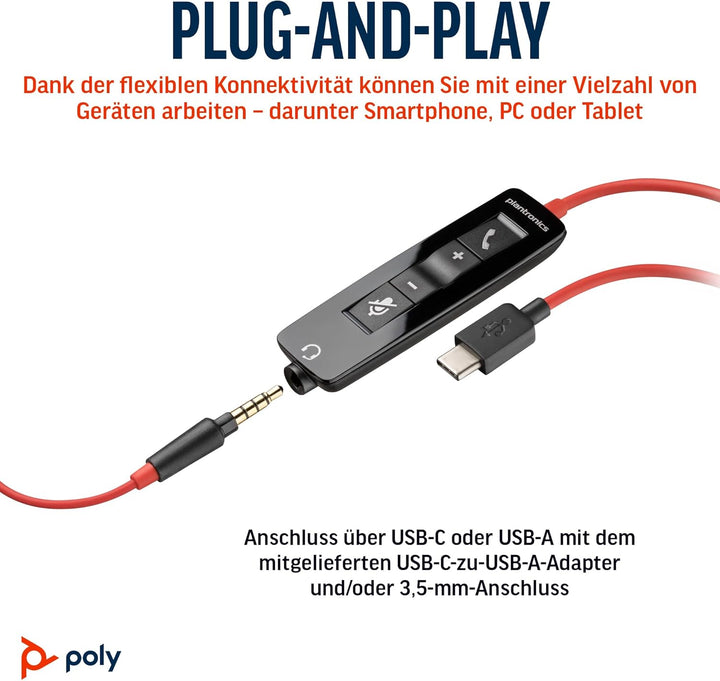 Schnurgebundenes Headset Poly Blackwire 5210 (Plantronics) Flexibler Mikrofonarm mit Noise Cancellin
