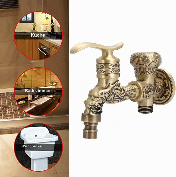 Vintage Garten Wasserhahn, 1/2 Zoll, Wasserhahn Messing Lang mit Drachen Design, Lange Griffe, Doppe