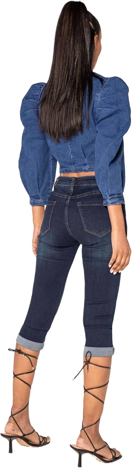 P132 Damen Capri Skinny Fit Jeanshosen HIGH Waist Jeans Used-Look Waschungseffekt, Dunkelblau (P132-