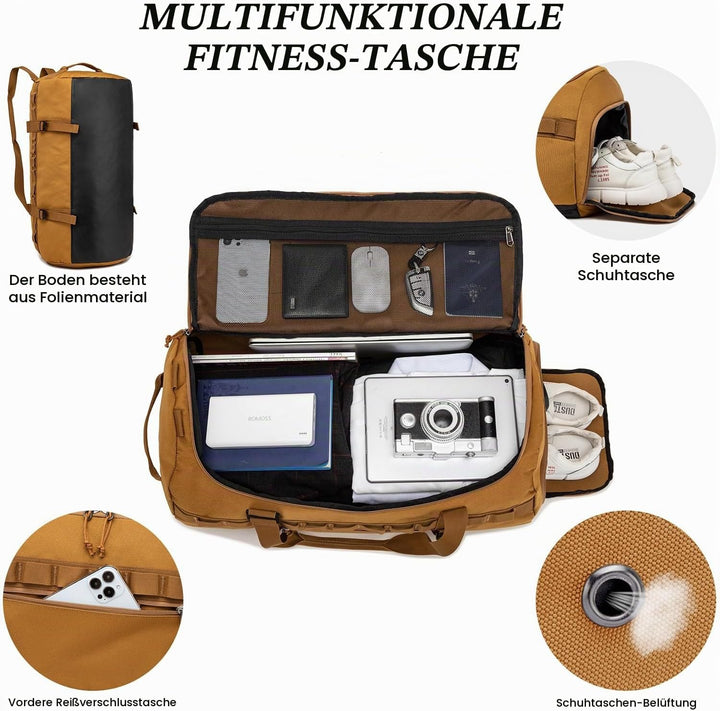 Sporttasche &amp; Reisetasche 60L Gross Trainingstasche Herren Damen mit Schuhfach &amp; Rucksack-Funktion L