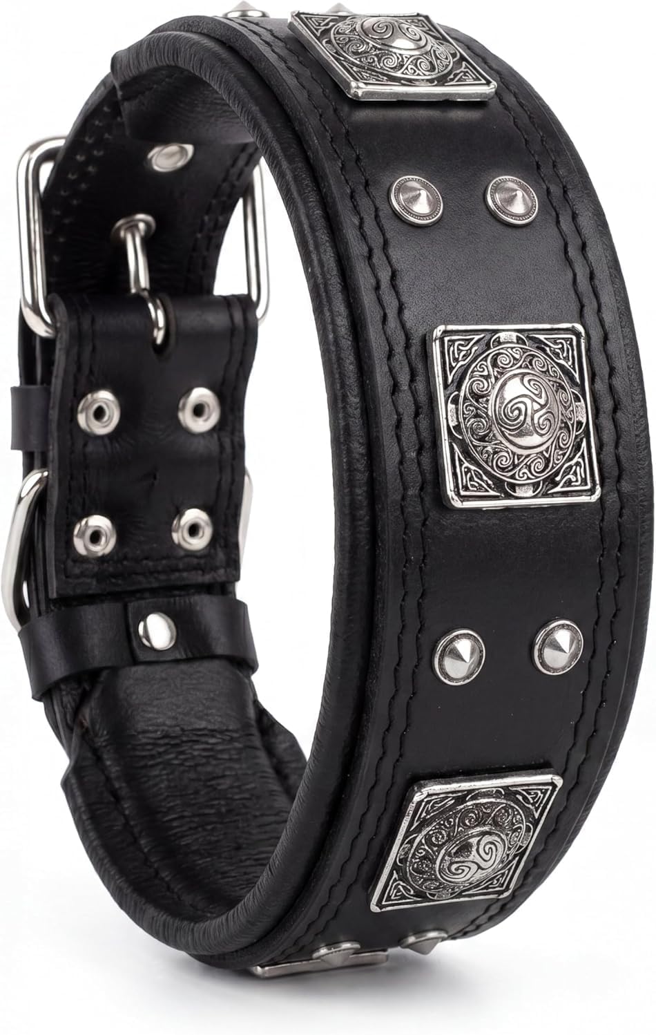 Bestia® EROS Lederhalsband für grosse Hunderassen mit Altsilber Dekoration und weicher Innerpolsteru