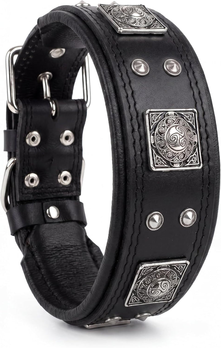 Bestia® EROS Lederhalsband für grosse Hunderassen mit Altsilber Dekoration und weicher Innerpolsteru
