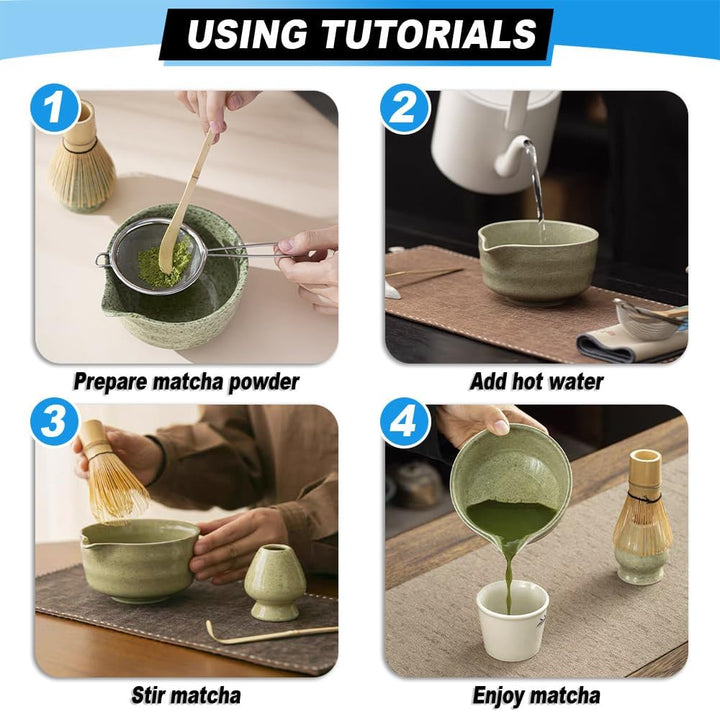 5 Stück Matcha Set, Keramik Matcha Schale mit Ausgiesser, Bambus Matcha Besen, Matcha Whisk, Schaufe