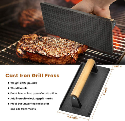 Onlyfire Grillspachtel Plancha Kit – Edelstahl-Grillspachtel , Schaber und Gusseisen-Grillpresse für