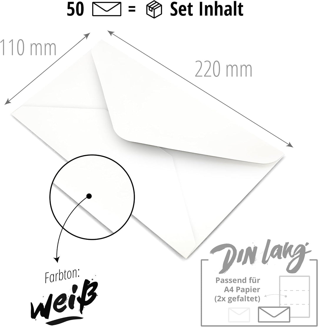 Japun – Briefumschläge (50 Stück), Kuvert, Umschlag ohne Fenster - DIN lang - 220 x 110 mm - innen:
