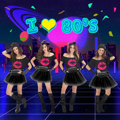 WILDPARTY 80er Jahre Outfit Damen Set, T-Shirt, Tutu, Gürteltasche, Stirnband, Ohrring, Halskette, N