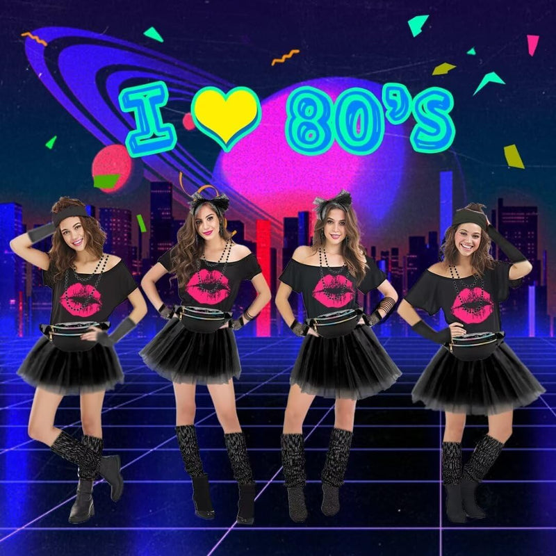 WILDPARTY 80er Jahre Outfit Damen Set, T-Shirt, Tutu, Gürteltasche, Stirnband, Ohrring, Halskette, N