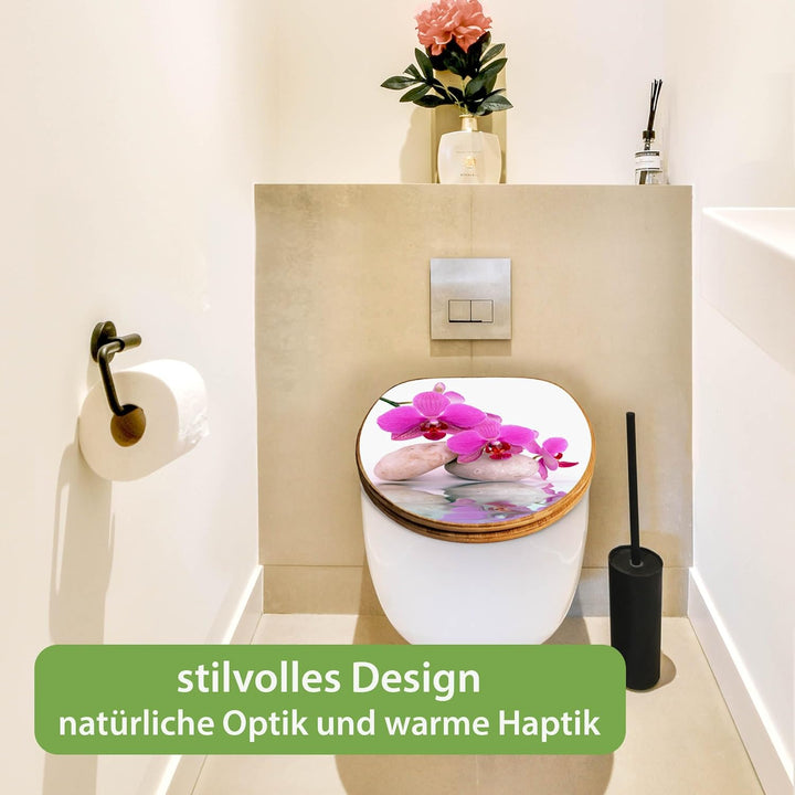 banjado® Design WC Sitz Bambus Absenkautomatik mit Motiv Orchidee/Toilettendeckel mit Absenkautomati