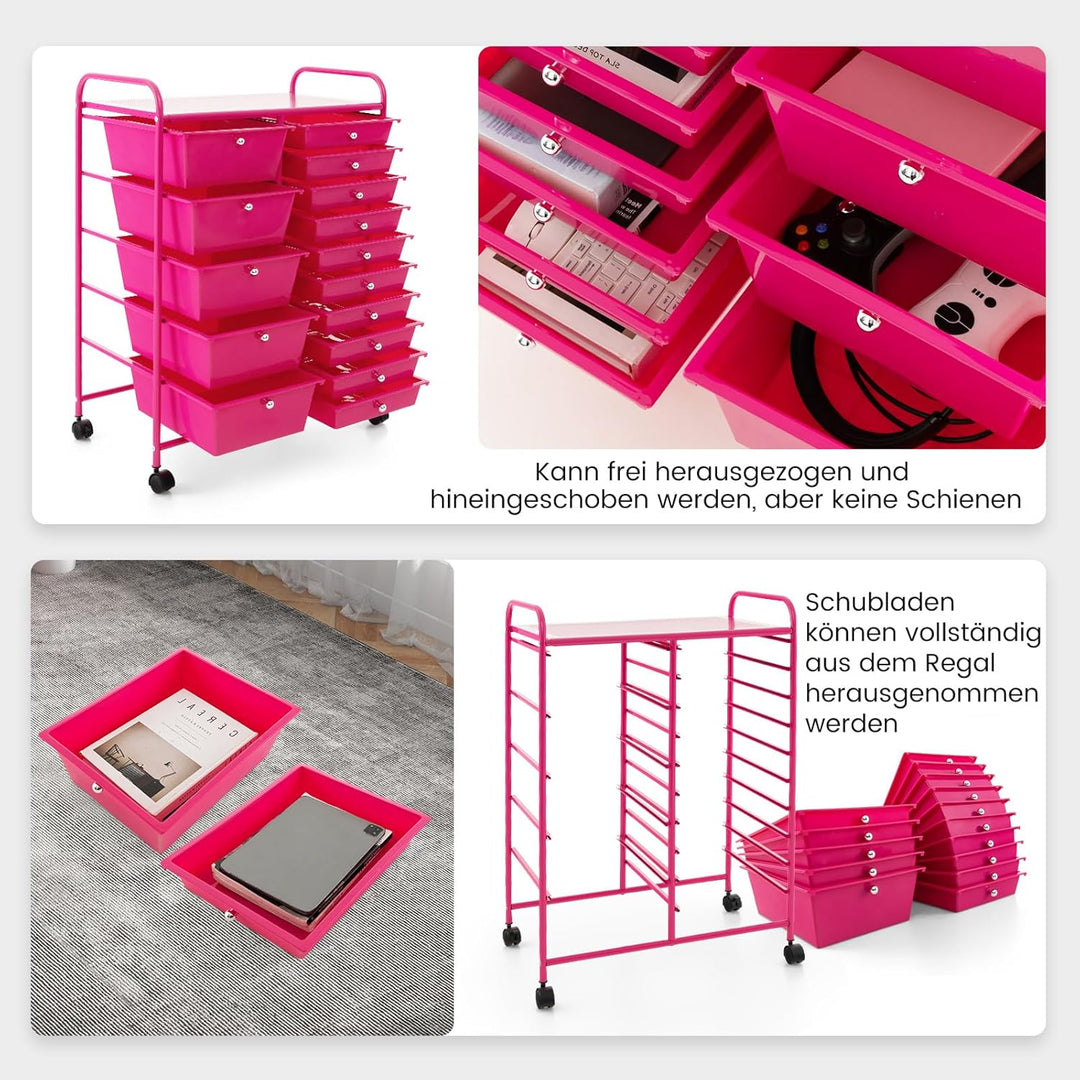 COSTWAY Rollwagen mit 15 stapelbaren Schubladen, Schubladenwagen Rollcontainer mit Metallgestell und