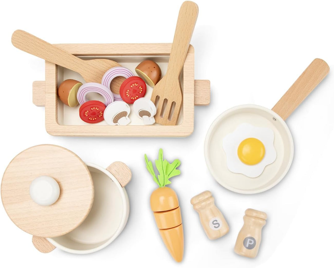 Woet Holz-Kochset mit Töpfen, Pfanne und Spielessen, 20 Teile