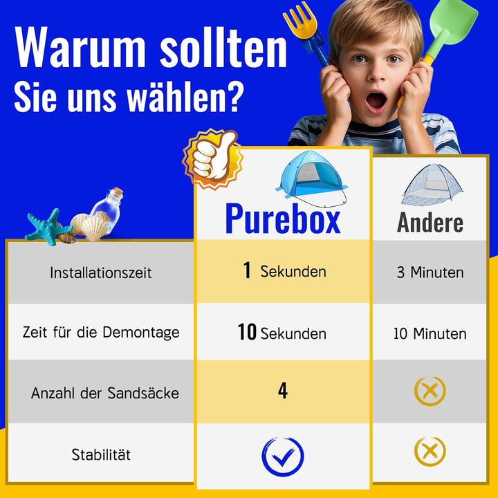 Strandmuschel Pop Up Strandzelt 3-4 Personen, Pop Up Strandmuschel mit Reissverschlusstür UV-Schutz