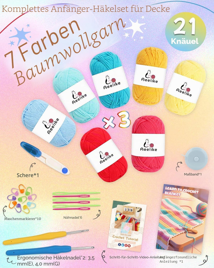 Aeelike Rainbow Blanket Crochet Kit - Häkelsets für Anfänger Erwachsene mit Anleitung, Schritt-für-S