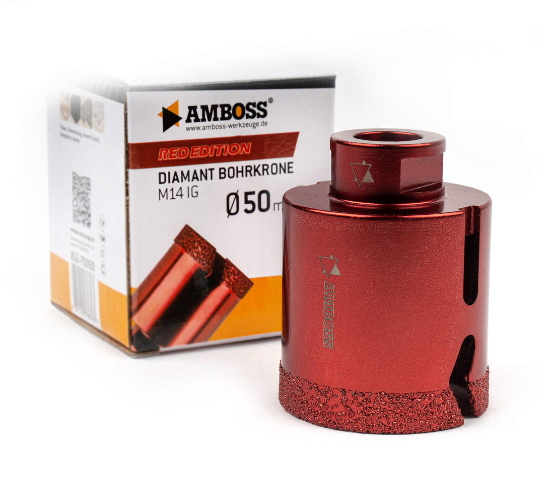 Amboss RED EDITION M14 Diamant Bohrkrone - für Winkelschleifer - Feinsteinzeug, harte Fliesen, Grani